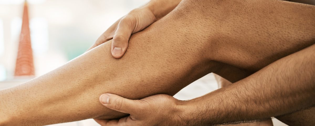 Legs injury, swimming and sports person massage calf problem from exercise, training or workout cri