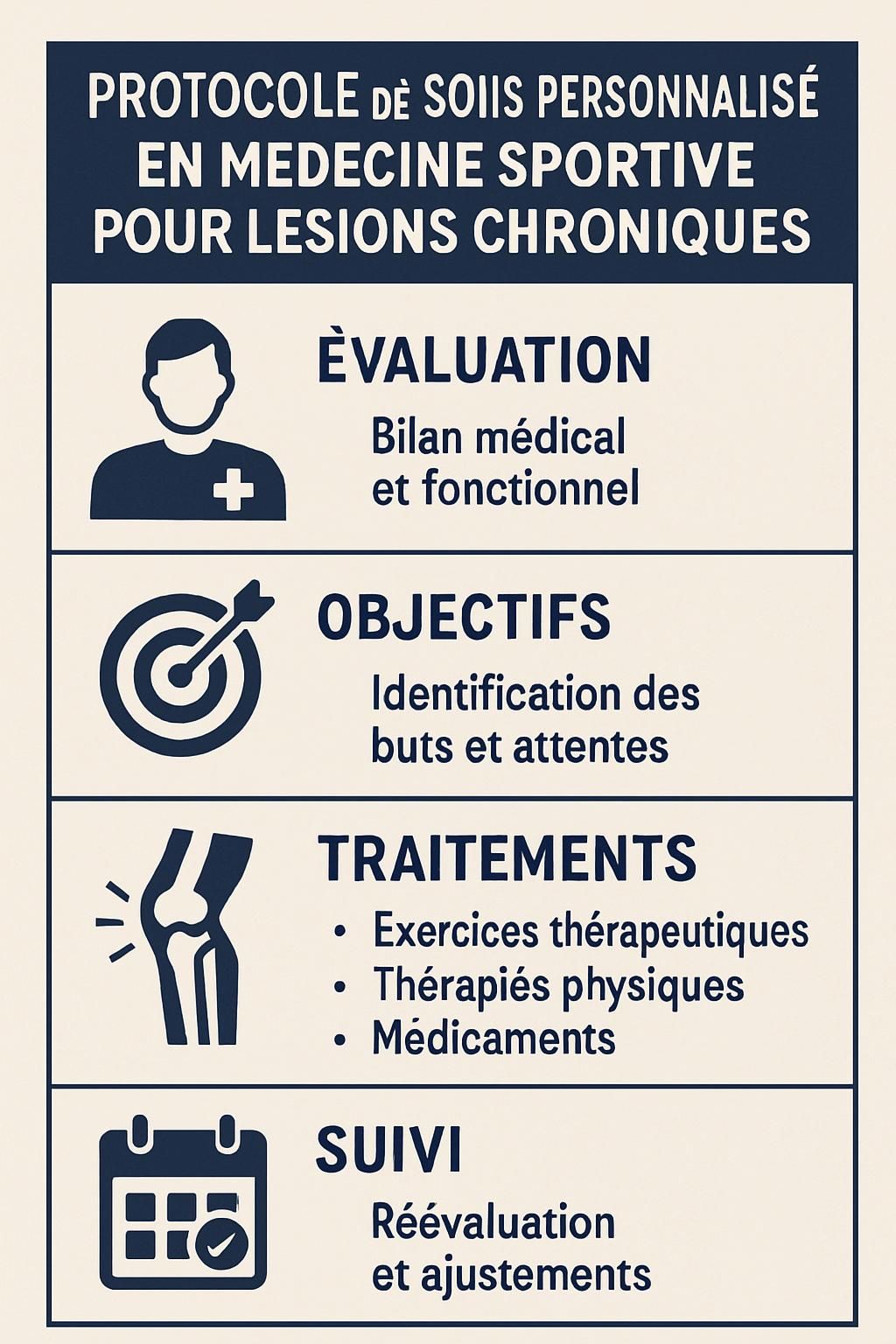 découvrez un protocole de soins en médecine sportive spécialement conçu pour les lésions chroniques, favorisant une récupération durable et un retour optimal à l'activité physique.