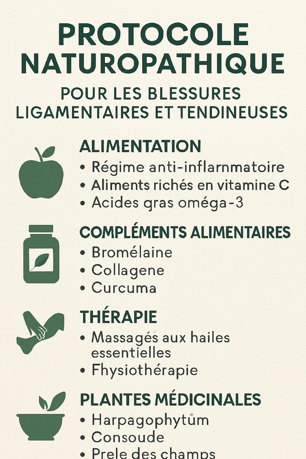 découvrez un protocole naturopathique complet pour soulager et favoriser la guérison des blessures sportives aux ligaments et tendons, alliant méthodes naturelles et conseils pratiques.